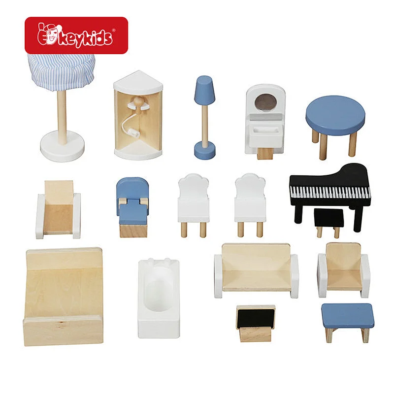 New W06A413H Pretend Play Wooden Dollhouse Set for Boys DIY Model Toy with Plastic Furniture Accessories Children's Style